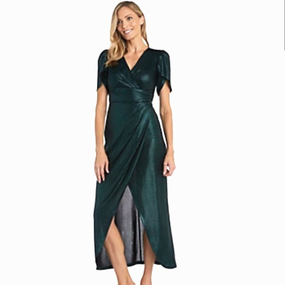 NIghtway Formal Faux Wrap Dress 8 Emerald Green Shimmer Tulip Sleeves Party Gown